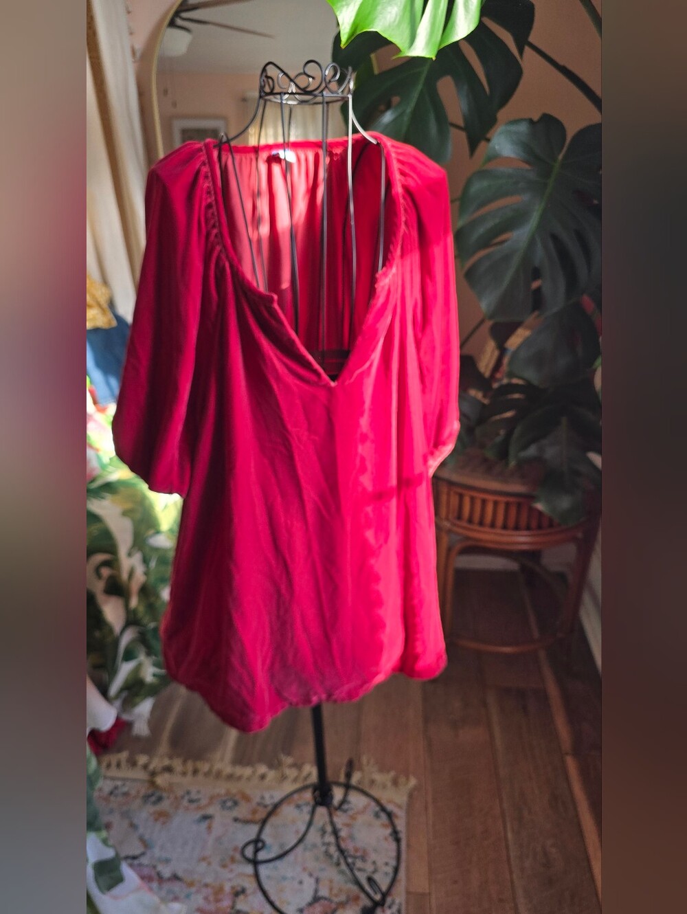 Old Navy Crimson Red Velvet Split Neck Balloon Sleeve Peasant Blouse XXL